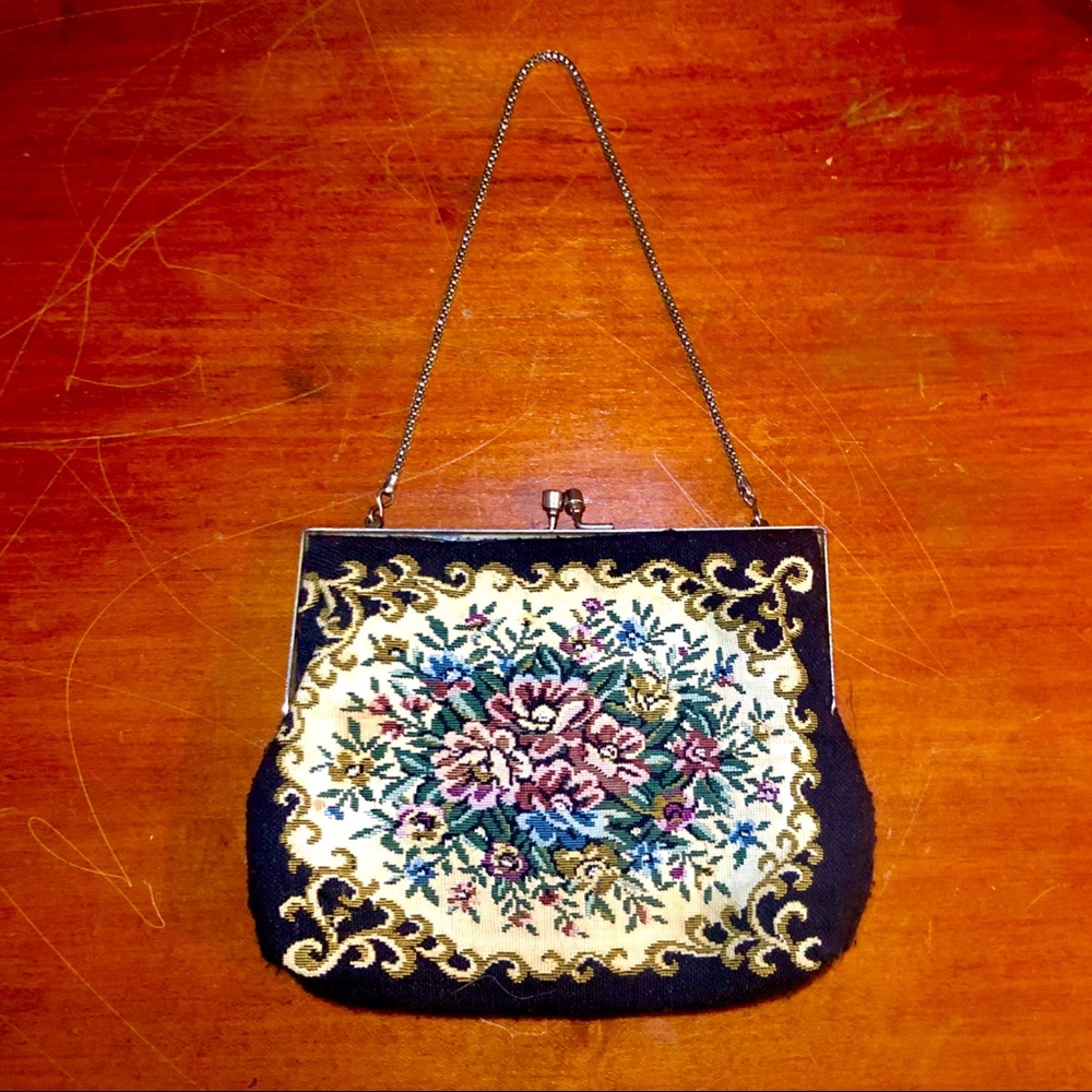 vintage black and cream floral needlepoint clutch